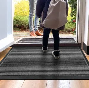 Stripe Grey Easy Clean Patio Entryway Floor Mat Low Profile Non Slip Front Door Mats