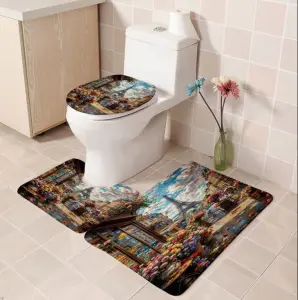 Custom Printed 3-Piece Anti-Slip Bathroom Rug Set Flower Design Polyester Shower Curtain and Toilet Mat for Washroom Decoration