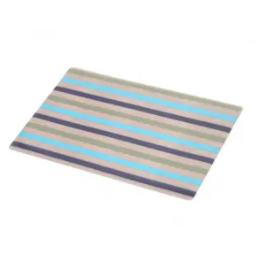 Features recycled rainbow striped PVC rectangular woven table placemats