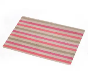 Features recycled rainbow striped PVC rectangular woven table placemats